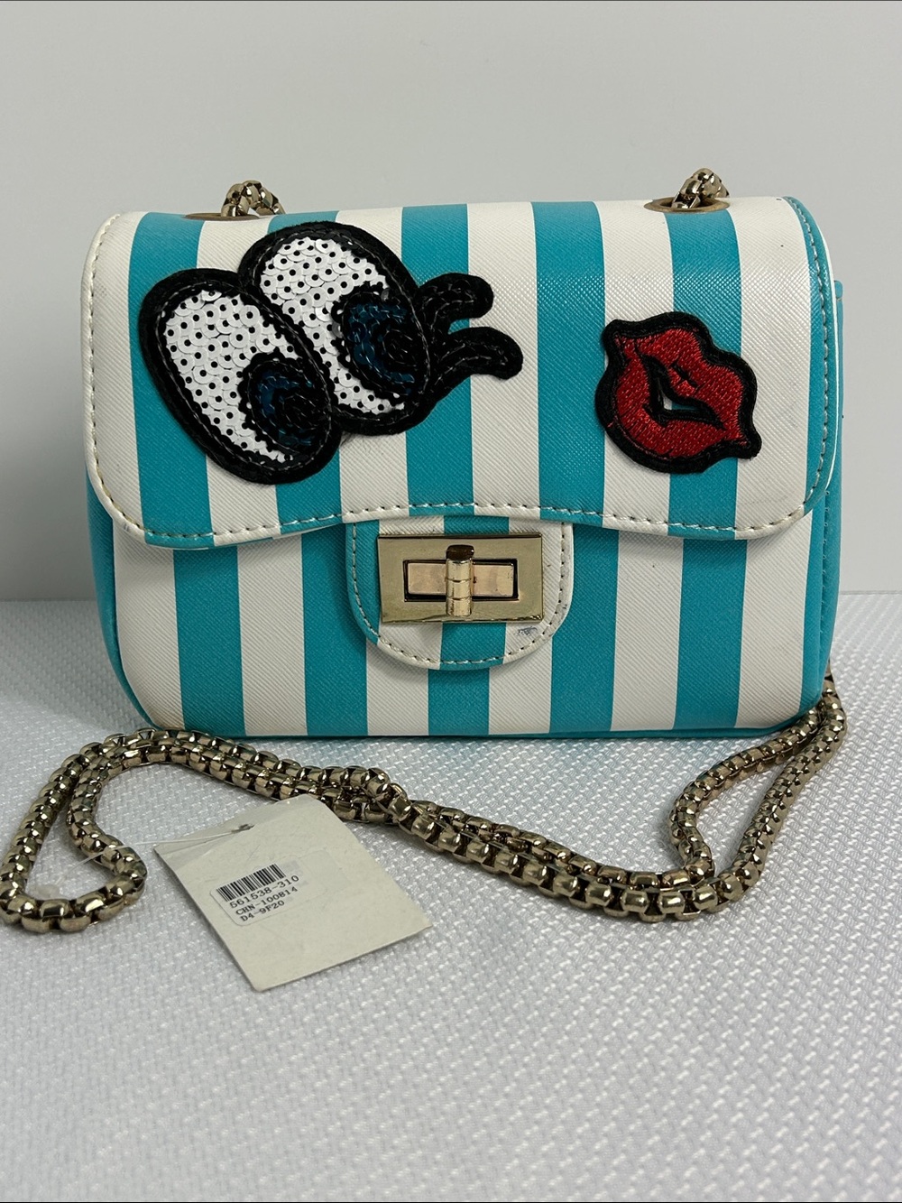 Novelty Bag Blue White Stripes Chain Strap Eyes Lips Turn Lock Shoulder Bag
